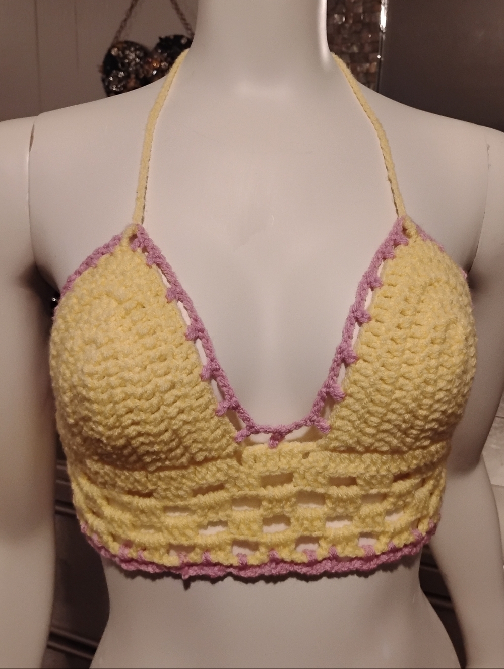 Handmade Crochet Halter Bralette in Yellow with Pink Trim